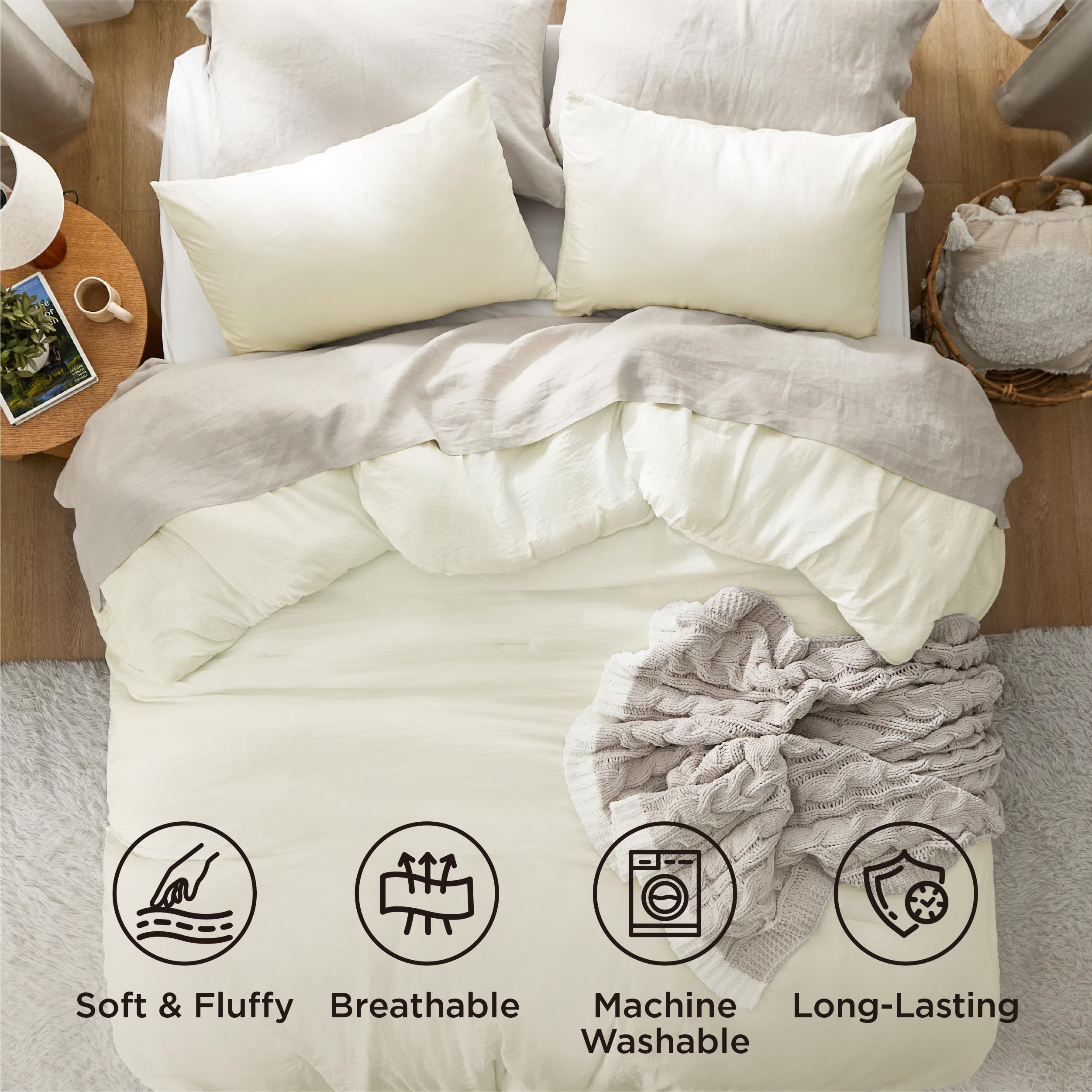 Queen Size Comforter Set - Ivory Soft Prewashed 3-Piece Bedding
