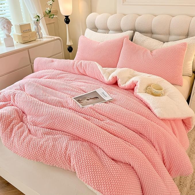 3D Jacquard Design Comforter Set, Ultra-Soft Warm Queen Size Sherpa Fur Plush 3-Pieces Sets