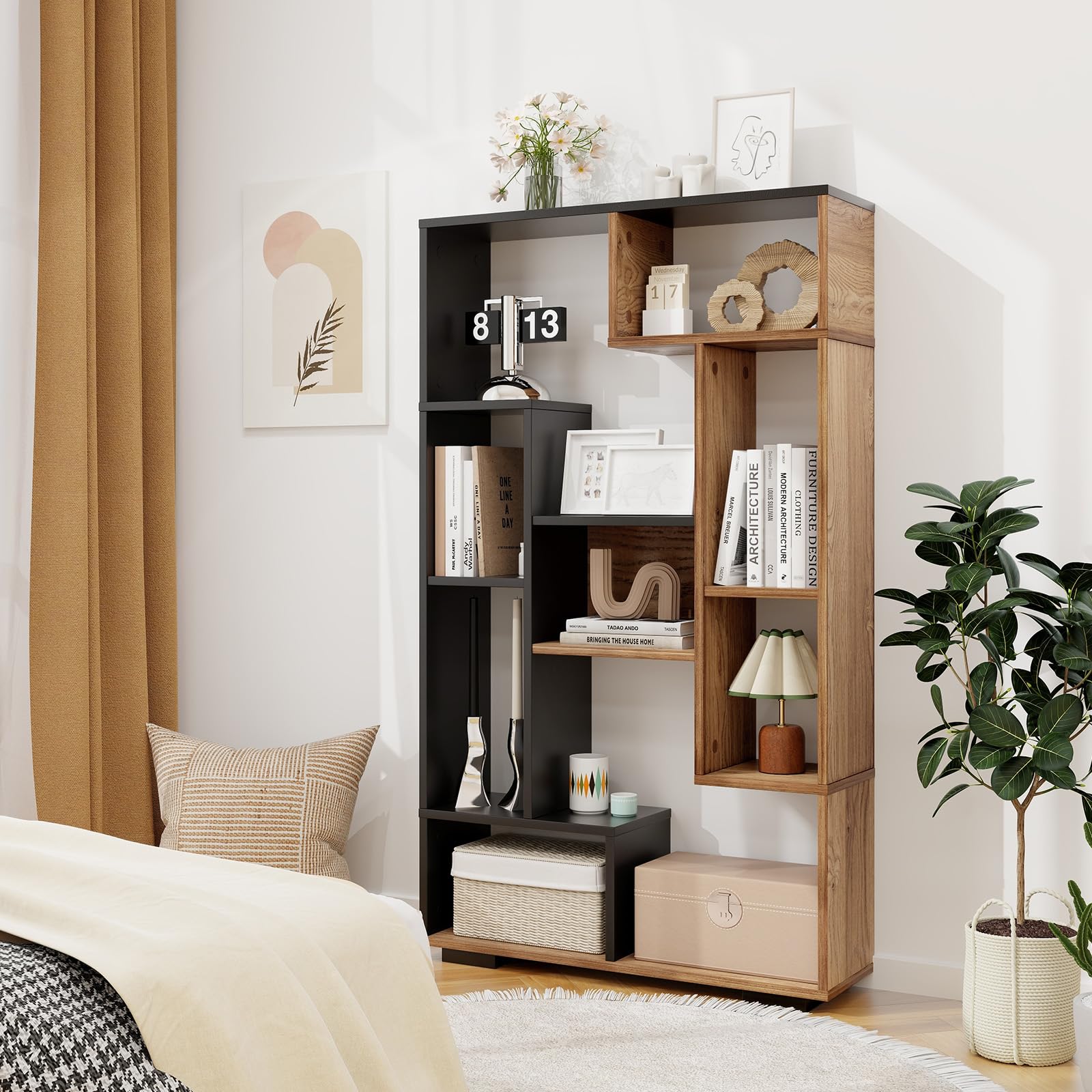 Tangkula Geometric Bookshelf, 47 Inch Tall Bookcase with Multiple Open Shelves, Anti-Tipping Devices, Freestanding 9 Cubes Bookshelf Storage Display for Living Room Study Office (Black, 47")