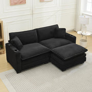 KIVENJAJA Corduroy Cloud Sectional Couch, Modular Oversized Loveseat Sofa with Ottoman, Cup Holders & USB Port, Comfy 2 Seater Love Seat for Living Room Small Space, 82.7”W, Black