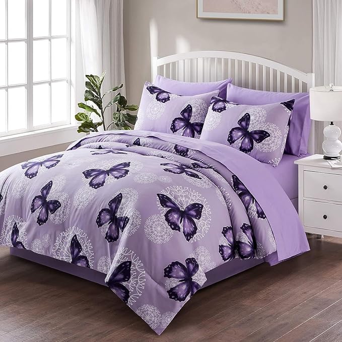 Bed in A Bag King Size 7 Pieces, Purple Paisley Butterfly Bedding Comforter Set All Season