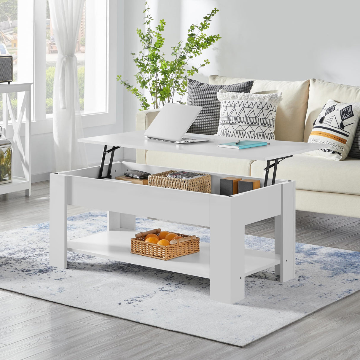 Coffee Table with Hidden Compartment and Storage Shelf, Rising Tabletop Dining Table