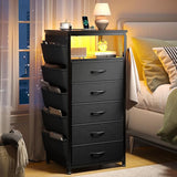 Nightstand with Charging Station, Tall Night Stand with 5 Dresser Drawers