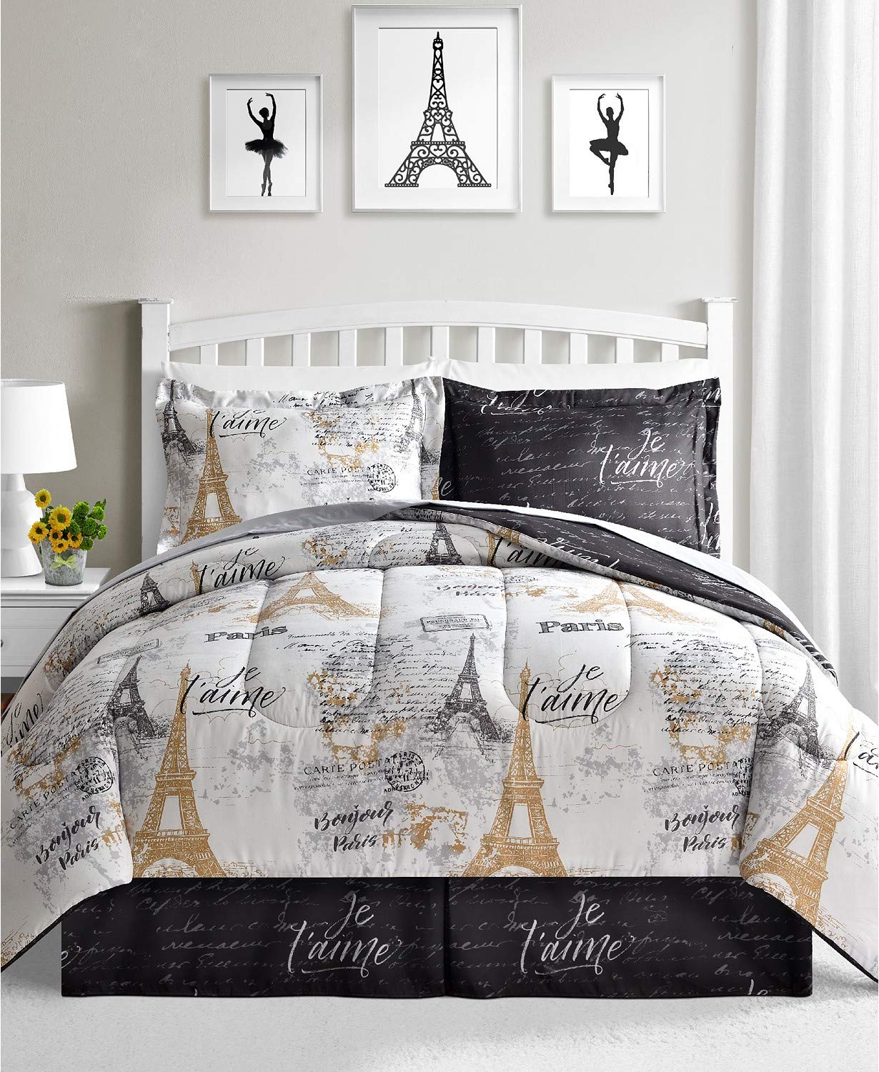 Paris Eiffel Tower Queen Comforter Set - 8 Piece Reversible Bedding
