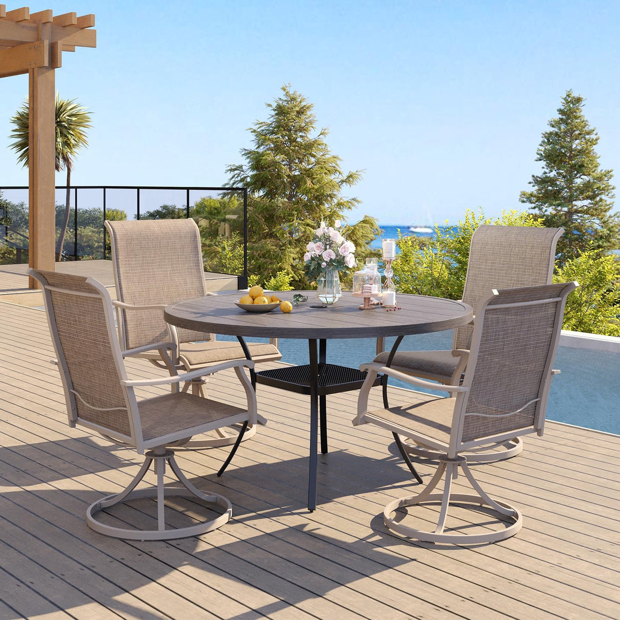 Metal Patio Dining Table for 4, 42" Grey Wood-Like Outdoor Round Table