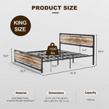 King Size Bed Frame with Wooden Headboard Footboard, Farmhouse Metal King