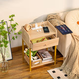 Nightstand with Charging Station and USB Ports, Natural Night Stand with Storage Drawers