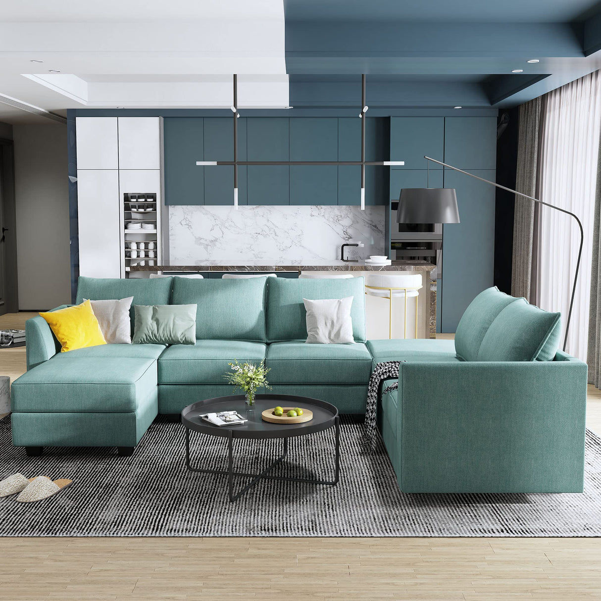 Orage U Shape Corner Sectional Sofa Set, Aqua Blue