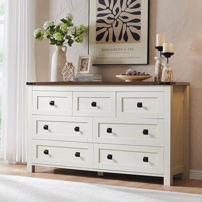 6 Drawer Dresser for Bedroom, 54 Inch Wide Rustic Wood Dresser