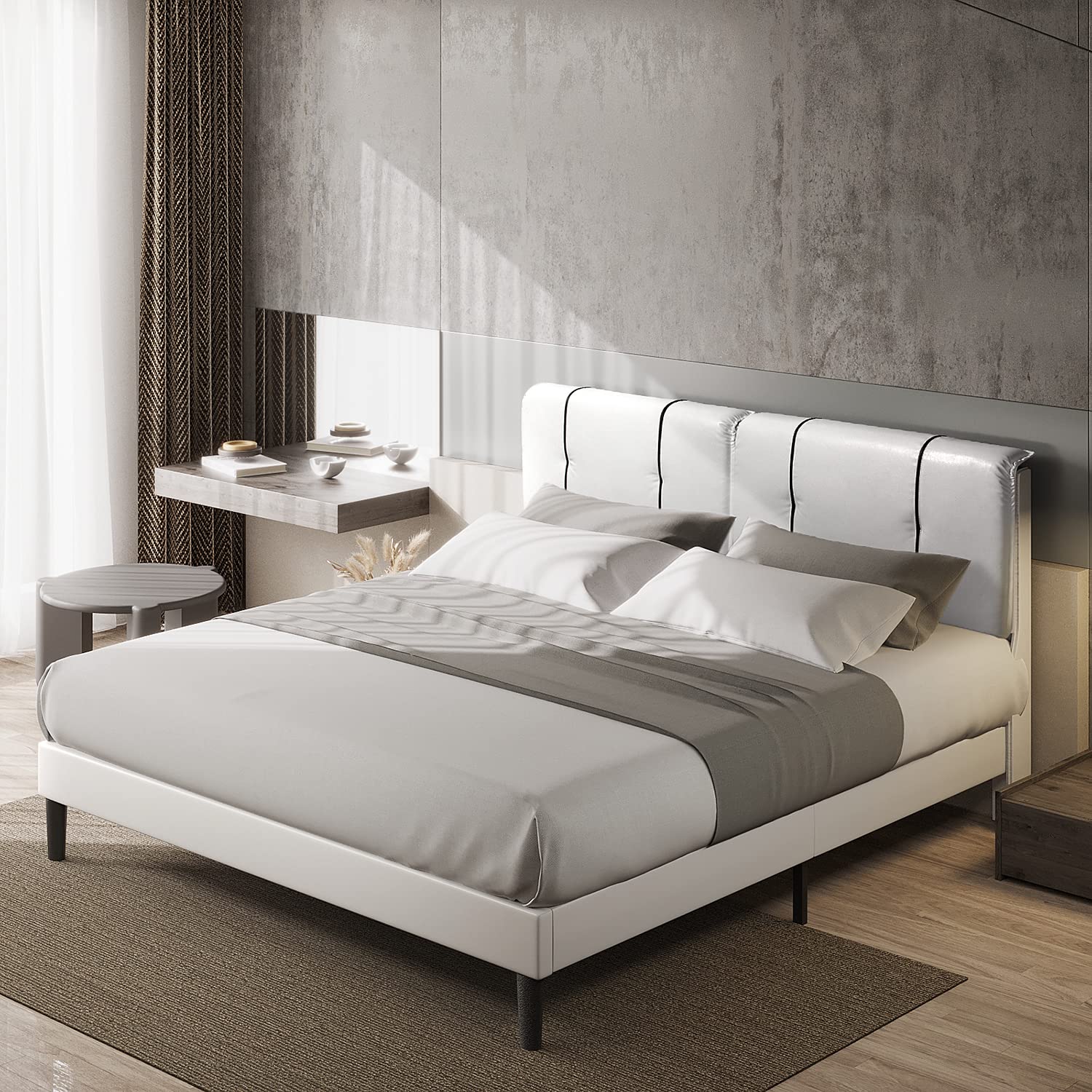 Queen Size Bed Frame Upholstered Low Profile Modern Platform Bed with Faux Leather Headboard/No Box Spring Needed/No Bed Skirt Needed (White)