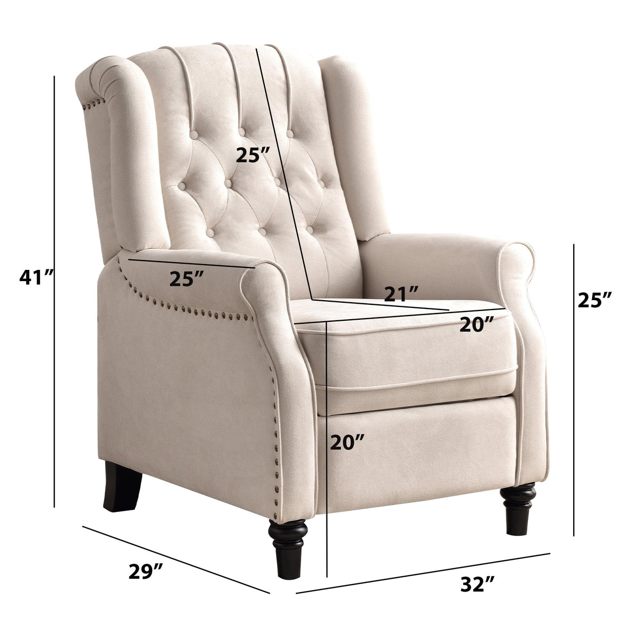 Bonzy Home Push Back Recliner Chair, Mid Century Modern Wingback Chair, Comfy Armchair Fabric Living Room Chairs with Rivet Decoration, Button-Tufted Back, Solid Wood Legs, Beige