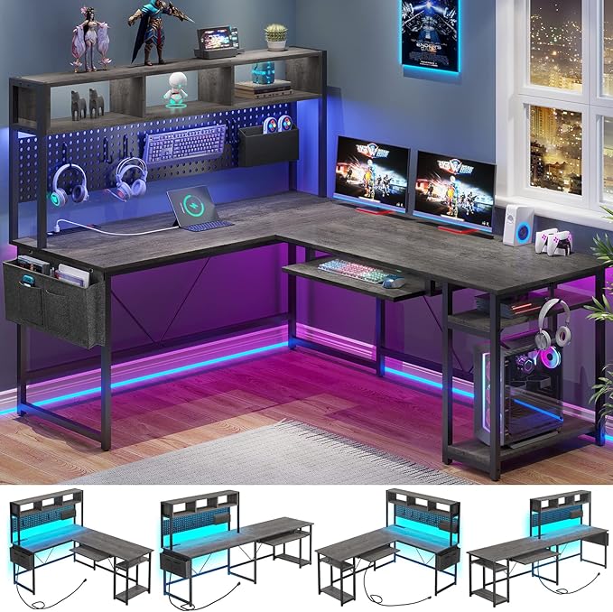 Shaped Gaming Desk, Reversible Computer Desk with Power Outlet and Pegboard