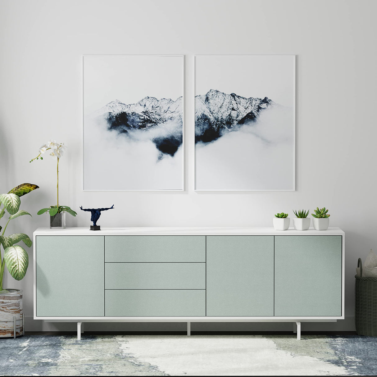 Glenwillow Home Atlas 78" x 28" Highboy Modern TV Stand Cabinet and Sideboard - White Frame, Jade Ocean Door/Drawers, White Base