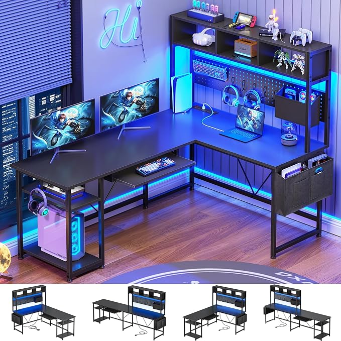Corner Computer Desk with Storage Shelves, 57.5” Reversible Home Office Desk