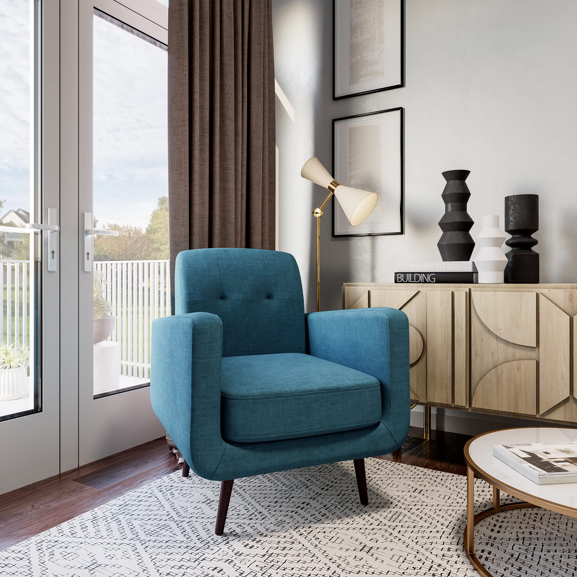 Mid Century Modern Accent Chair, Contemporary Vintage Upholstered Linen Armchair