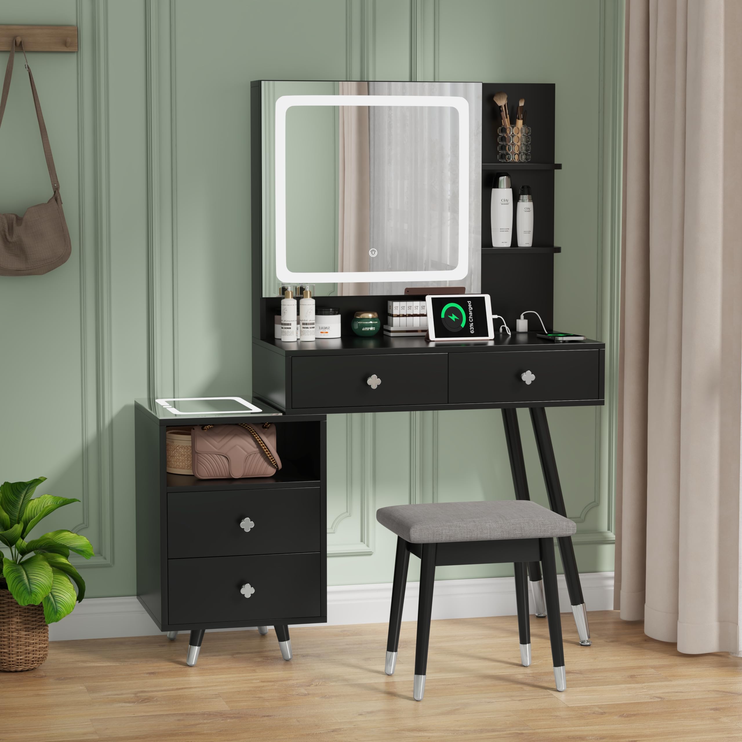 Table Set with Lighted Mirror Cabinet & Charging Station 3-Color Lighting Makeup Desk