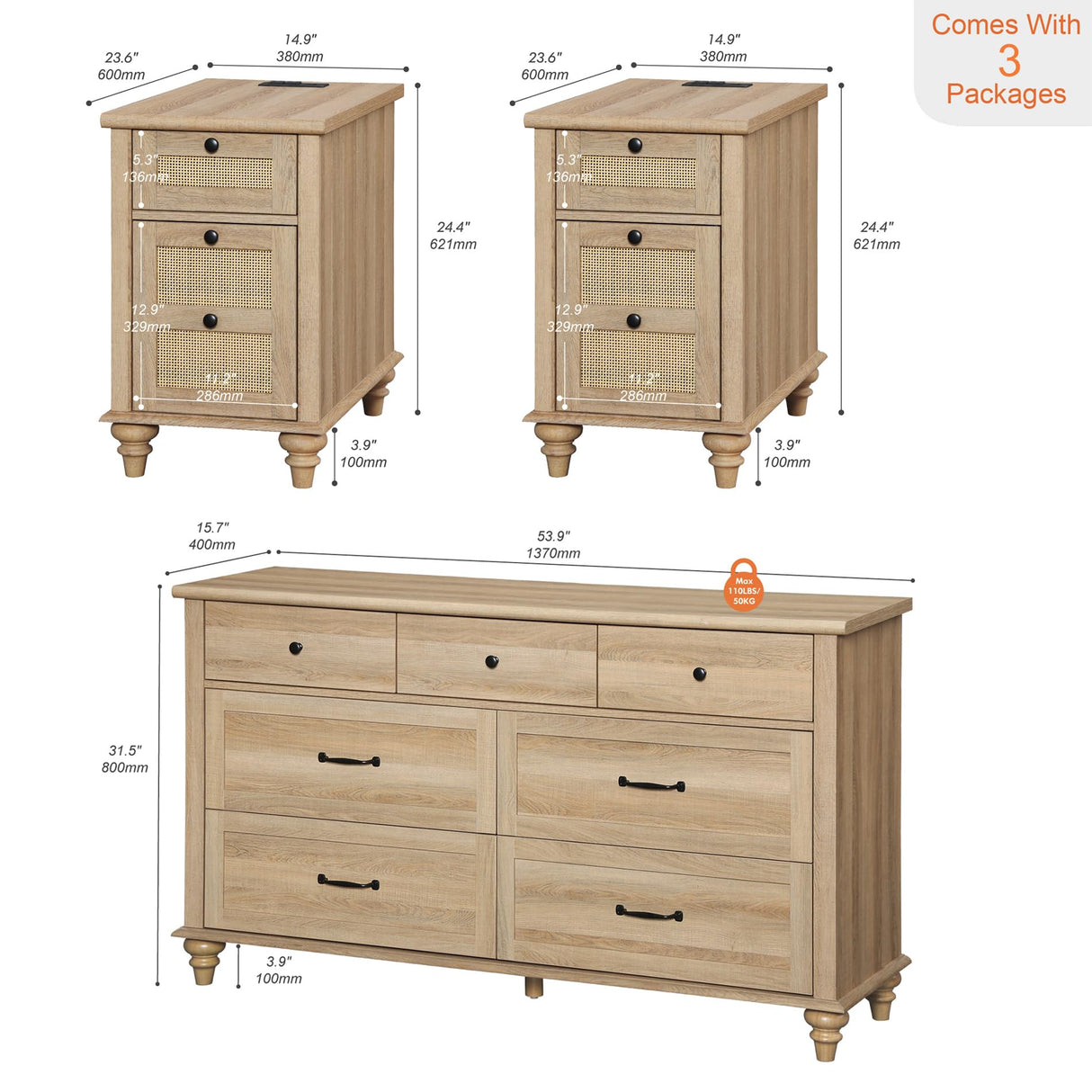 3 Piece Bedroom Set - Includes Farmhouse 7 Drawer Dresser, Set of 2 Rattan Side Tables