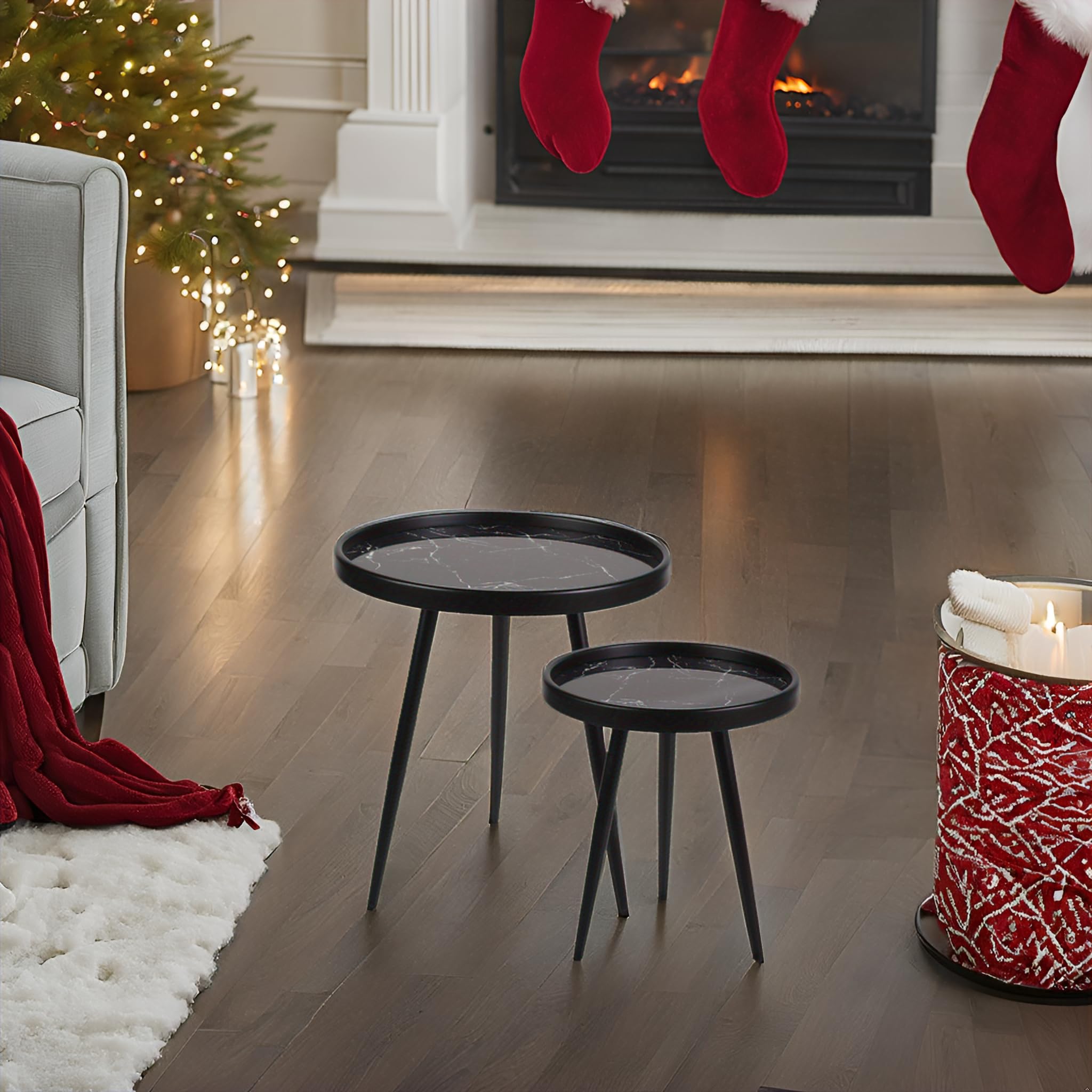 Round Side Table Set of 2,Black Marble Pattern Tray Shaped Small End Table