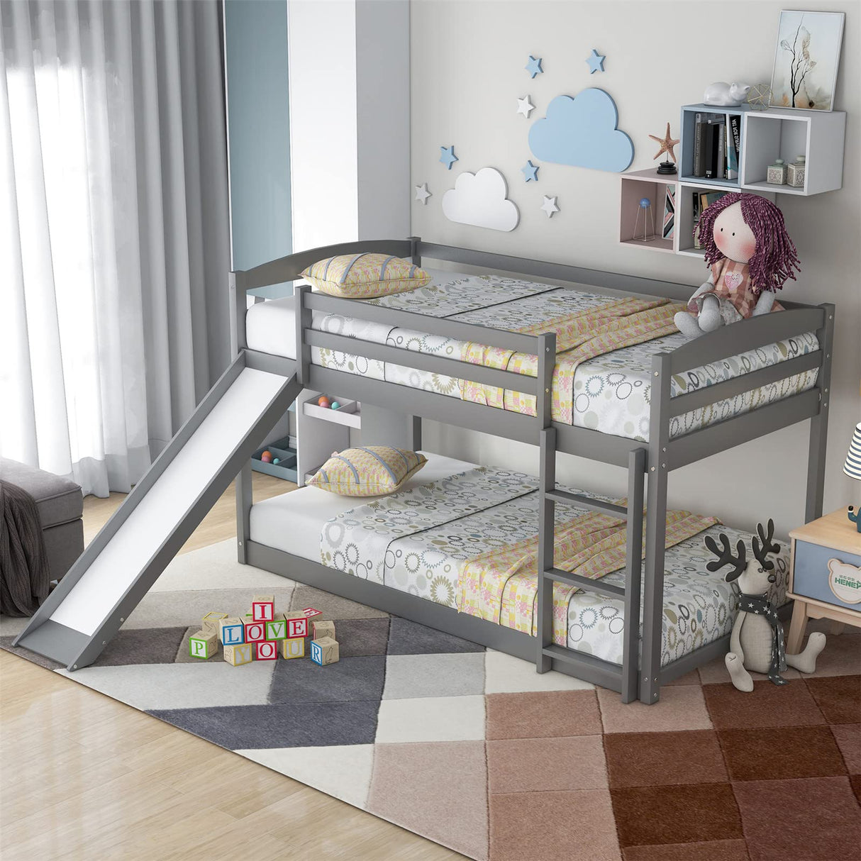 Twin Over Twin Floor Bunk Bed with Convertible Slide and Ladder, Wood Low Bunk Bed Frame for Boys Girls