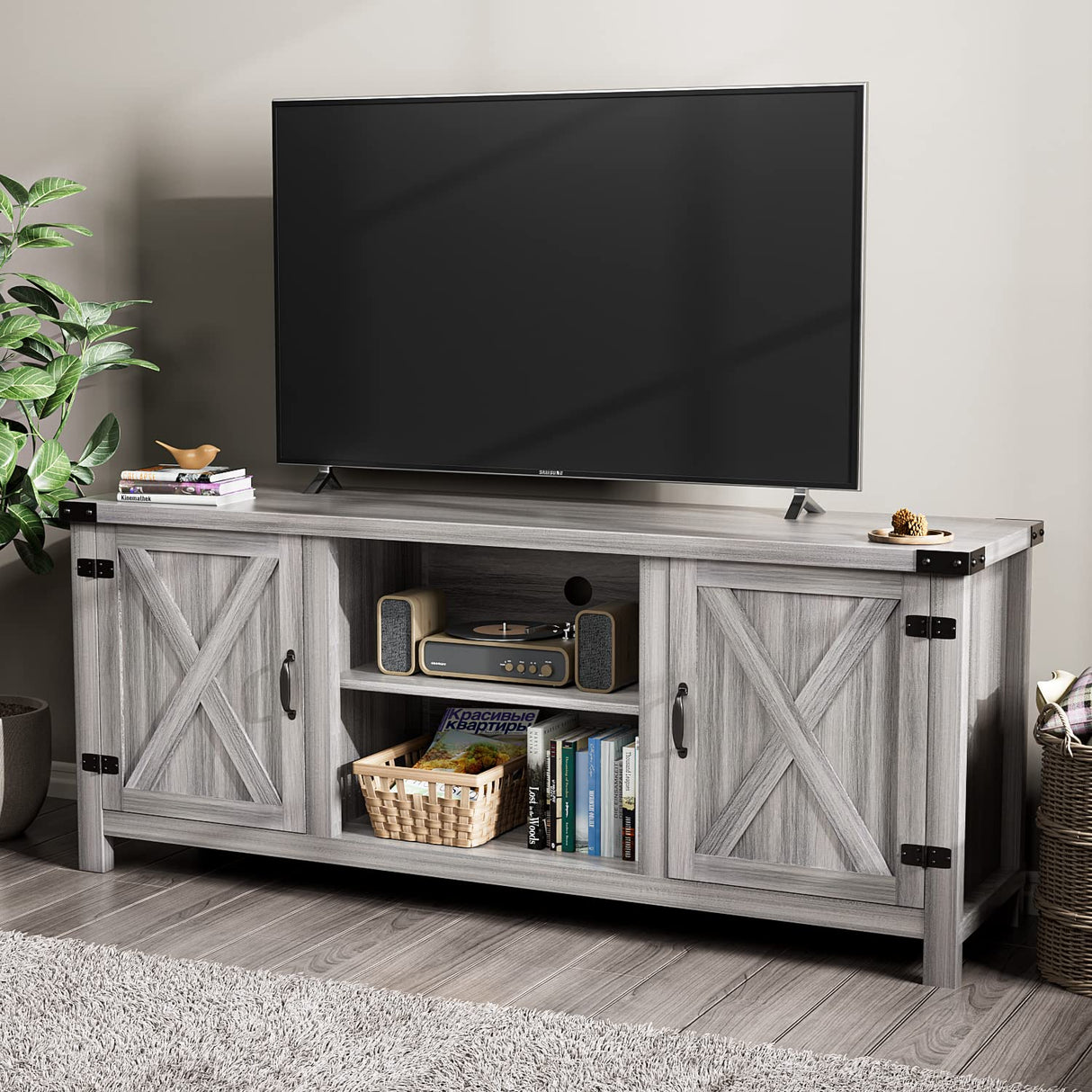 Modern Farmhouse TV Stand with Two Barn Doors and Storage Cabinets for Televisions