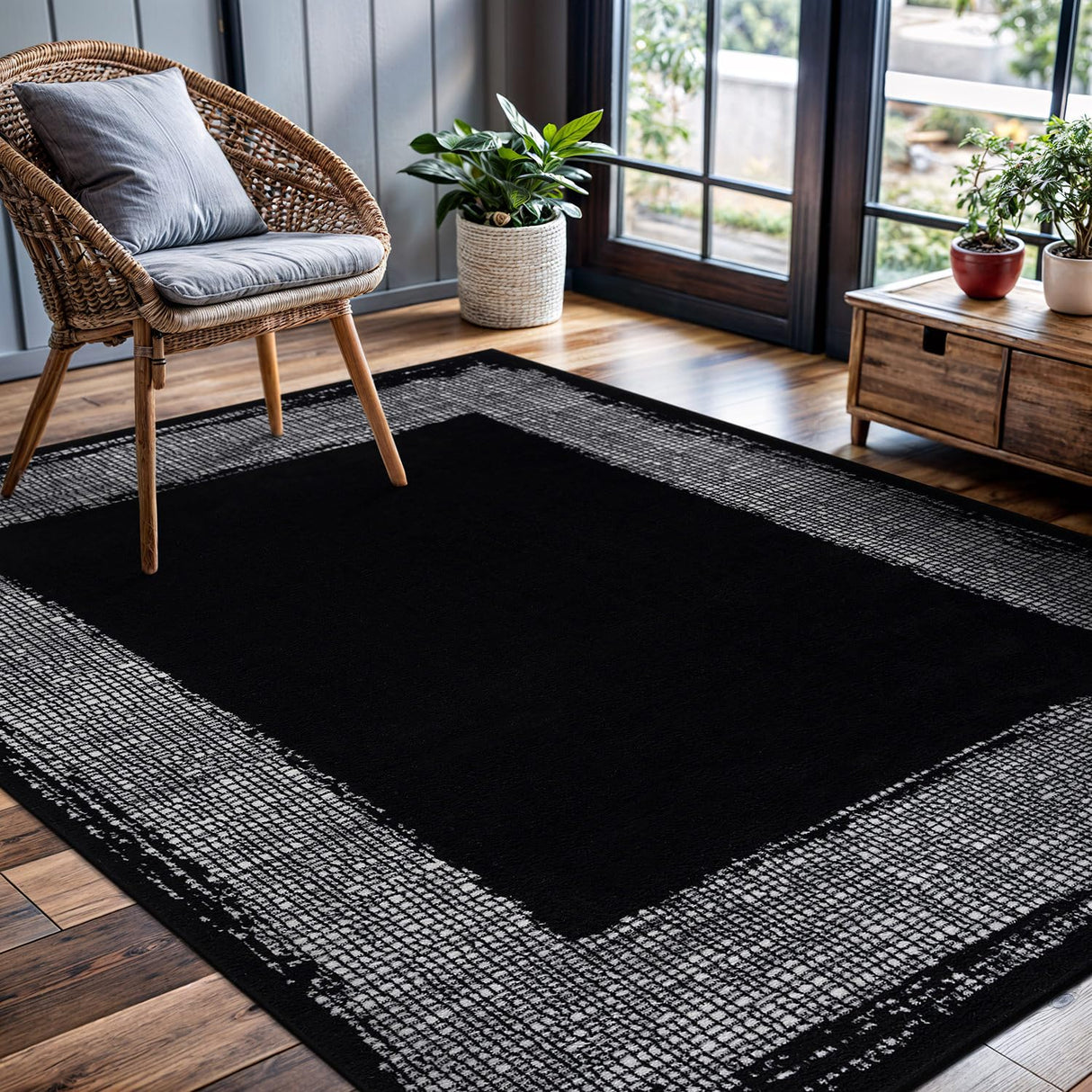 Black Area Rug 5x7 Easy-Cleaning Non-Shedding Bordered for Living Room Bedroom Dining Room Black/Cream Indoor