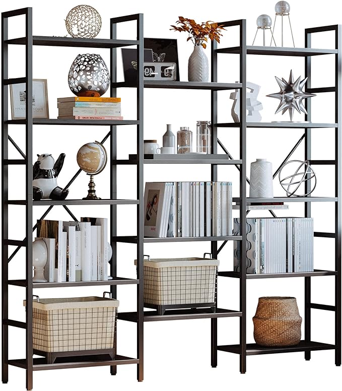 Bookshelves 6 Tiers Triple Wide Industrial Bookshelf, Large Etagere Bookshelf Open Display Shelves