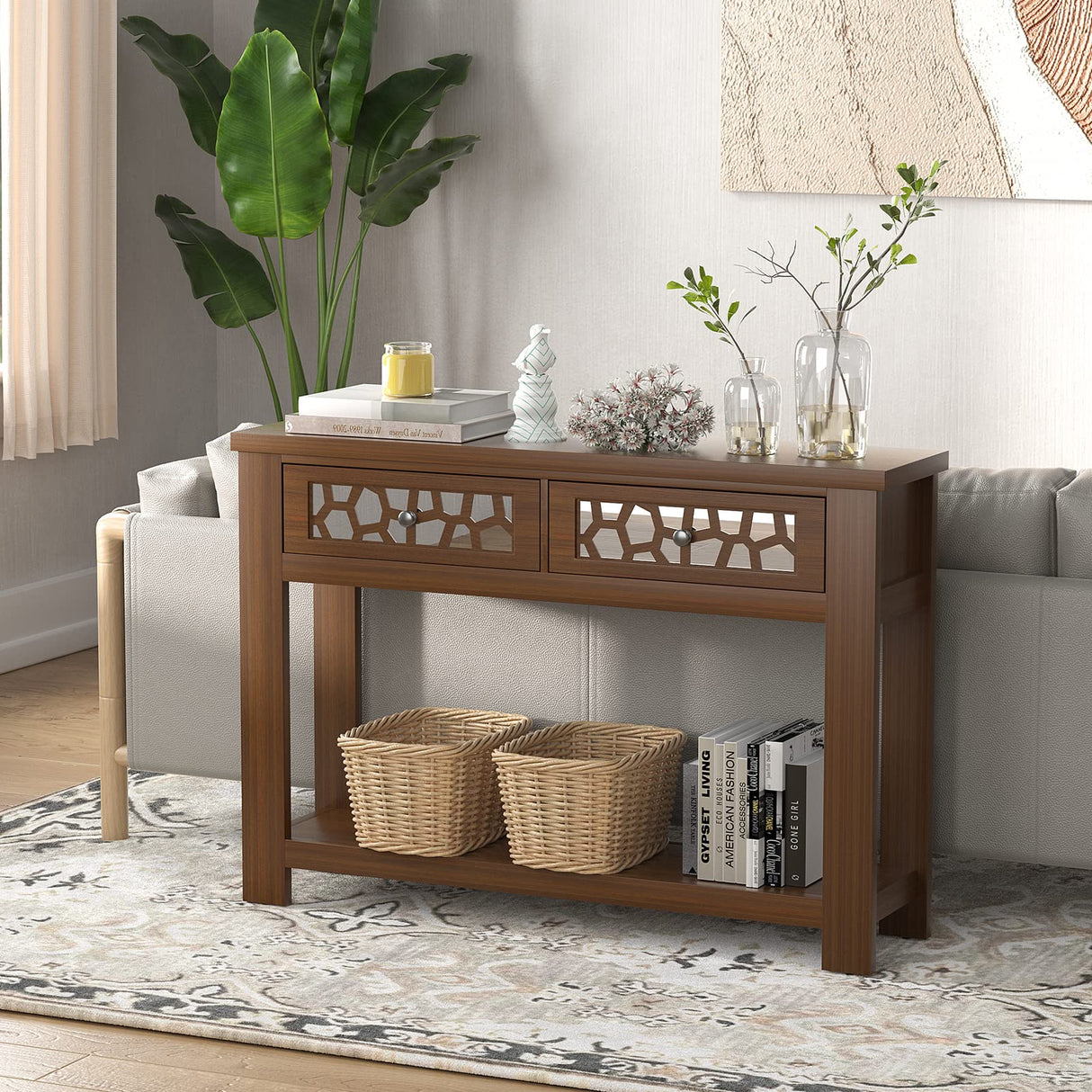 2-tier Console Table with Drawers, Wood Entryway Table with 2 Drawers & Open Storage Shelf for Living Room Entryway,