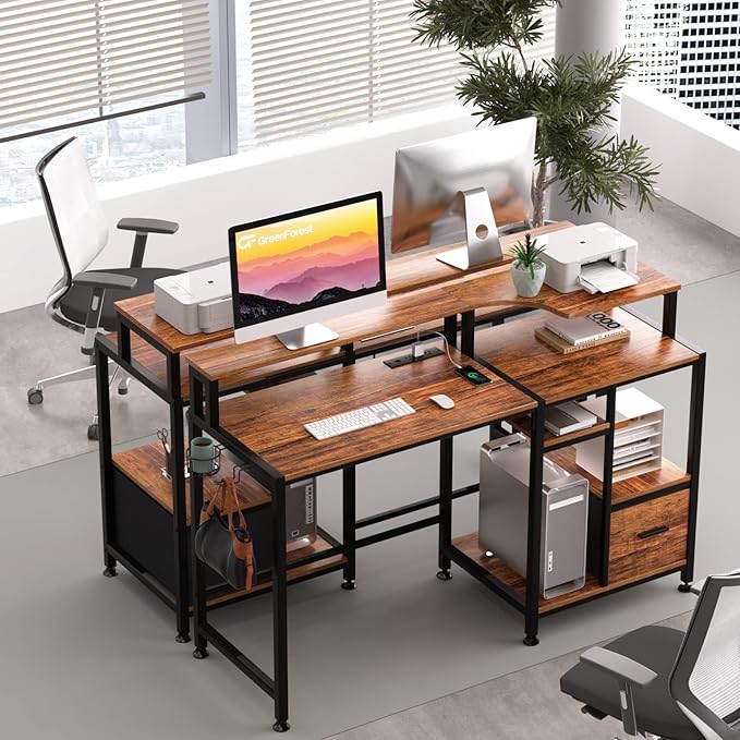 Computer Desk with Drawers, Home Office Desk with Printer Shelf, 55 inches Black Desk with Storage, Writing Study Desk with Monitor Stand, Small Work Desk for Bedroom, Black