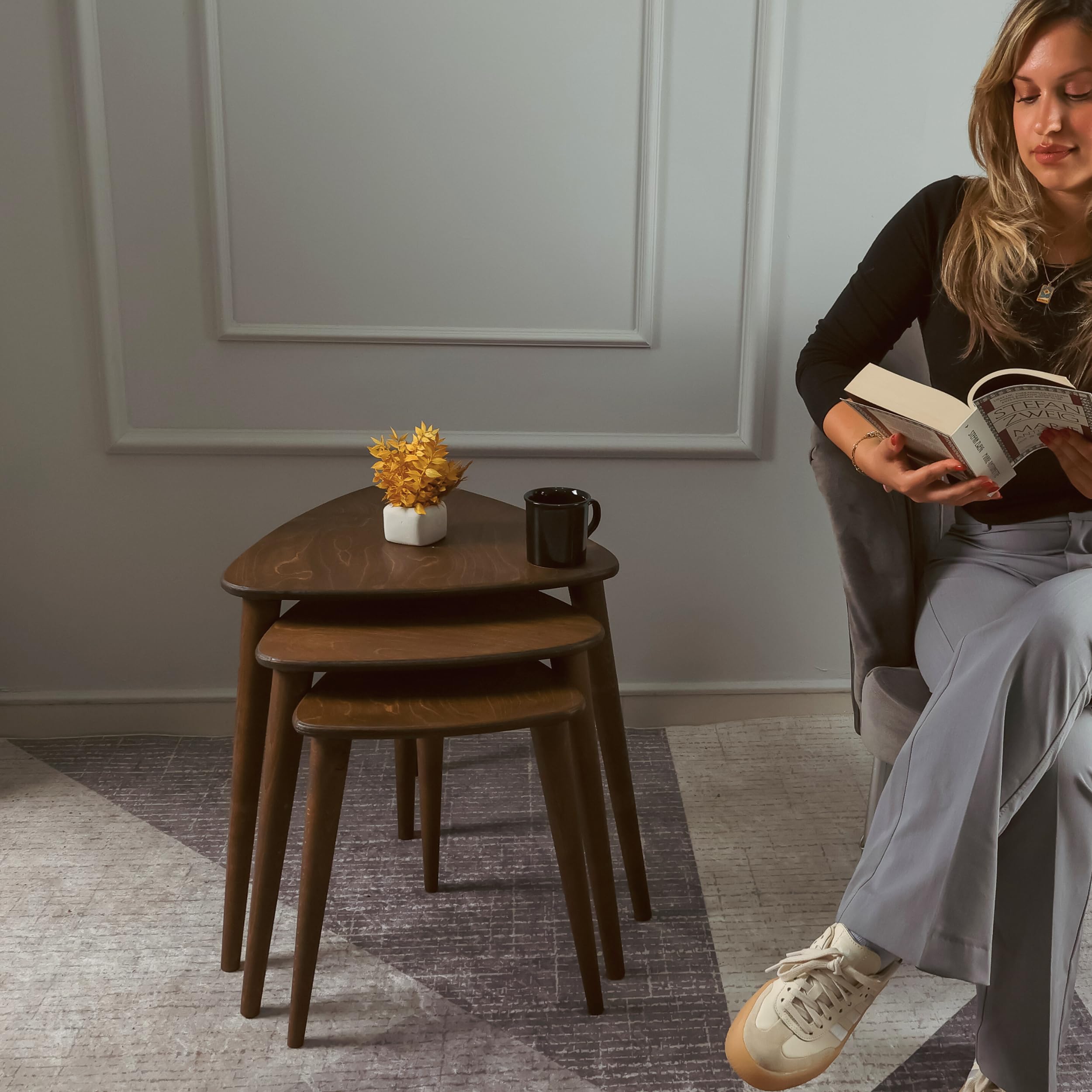 Solid Nesting Table Set of 3, Birch Mid Century Pebble Tables with Wood Tapered Legs