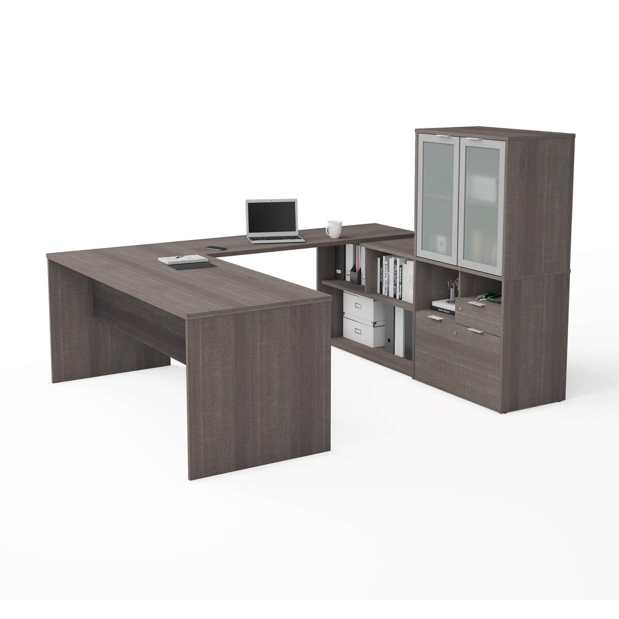 3 Plus U-Shaped Executive Desk with Frosted Glass Doors Hutch, 72W, Bark Grey