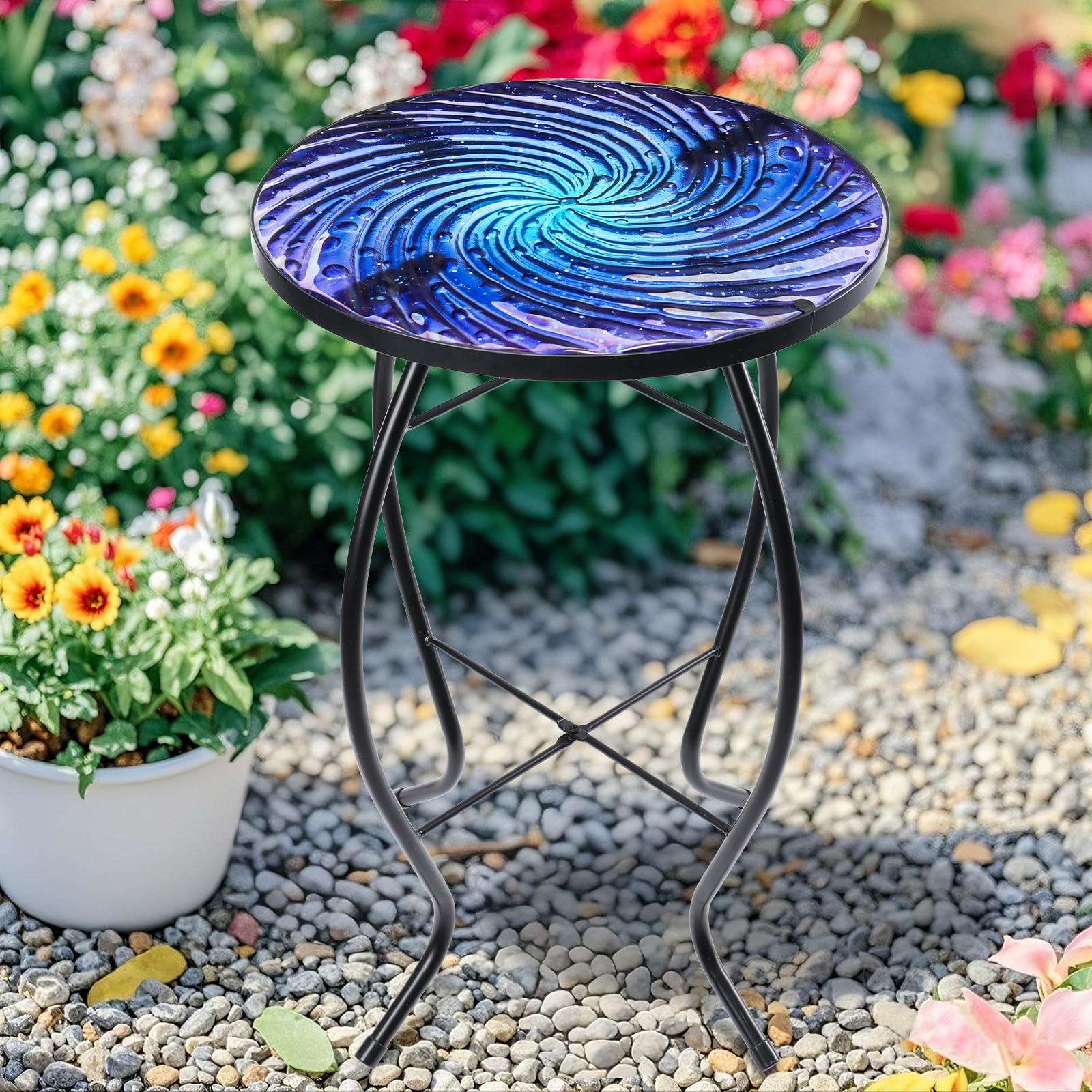 MUMTOP Outdoor End Tables for Patio, Deep Sea Round Side Table, Glass Accent Table for Outside, Garden, Balcony, Porch, Indoor Home Decor - Bircata