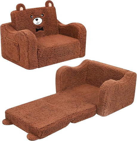 Kids Chairs for Toddler, 2-in-1 Toddler Soft Sherpa Couch Fold Out, Convertible Sofa to Lounger for Girls and Boys, Teddy Bear, Brown