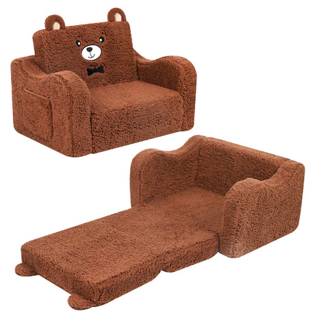 Kids Chairs for Toddler, 2-in-1 Toddler Soft Sherpa Couch Fold Out, Convertible Sofa to Lounger for Girls and Boys, Teddy Bear, Brown