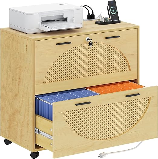 2 Drawer File Cabinet with Charging Station, Rattan Filing Cabinet with Lock