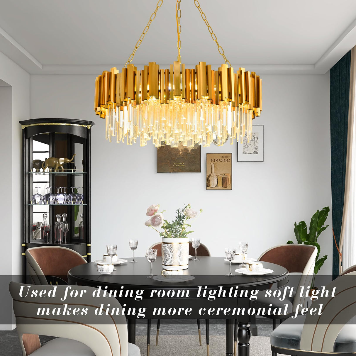 Modern Gold Crystal Chandelier Hanging Ceiling Light Fixture 12 Lights Round Crystal