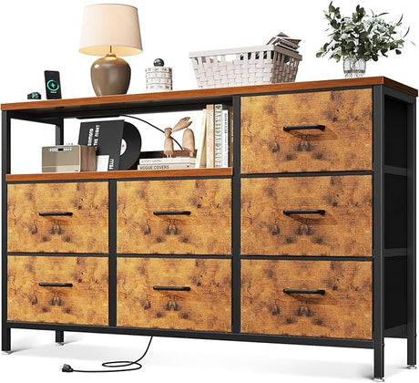 Dresser with Charging Station, 52-Inch Long Dresser for Bedroom with 7 Large Fabric