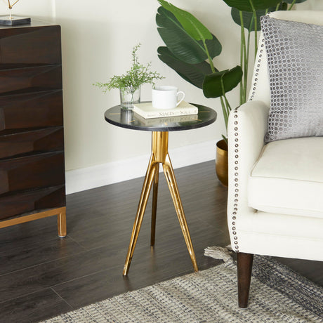 Aluminum Accent Table with Black Marble Top, 15" x 15" x 22", Gold