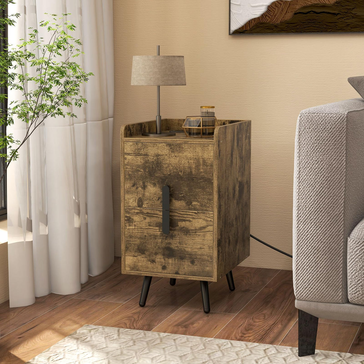 Nightstand with Charging Station, Narrow End Table with 2 Drawers & Metal Gold Legs