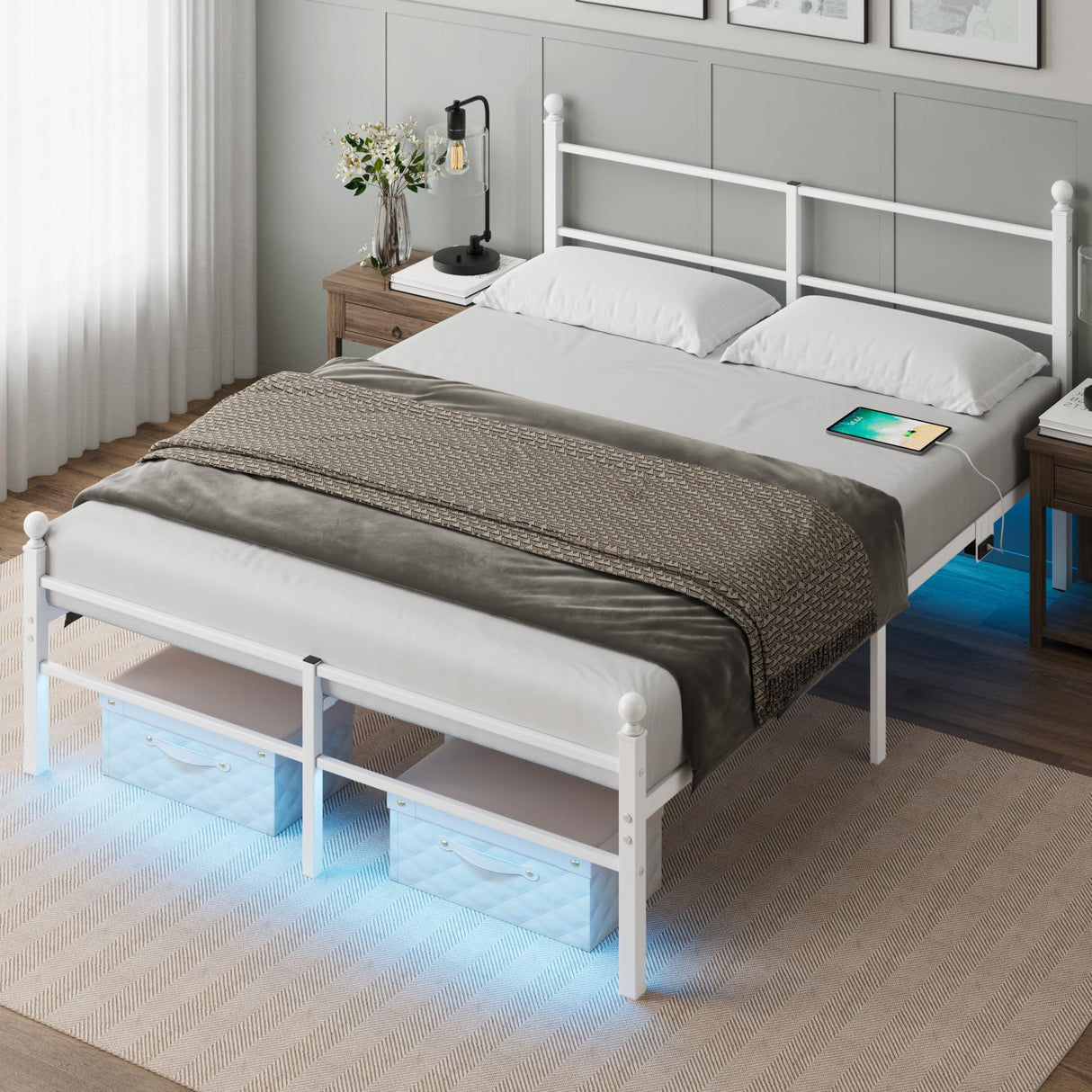 Queen Metal Platform Bed Frame with LED Lights & Charging Station