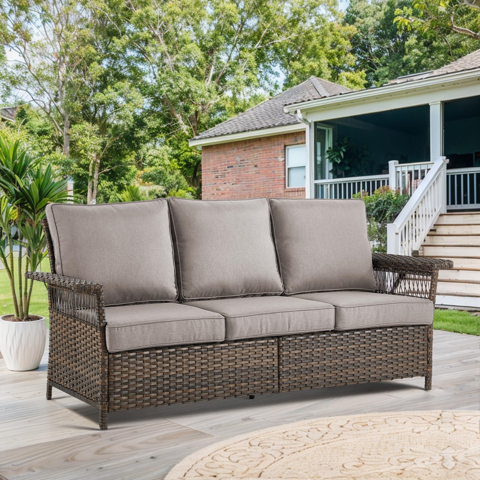 Patio Wicker Sofa 3-Seat Sofa Brown PE Rattan Couch
