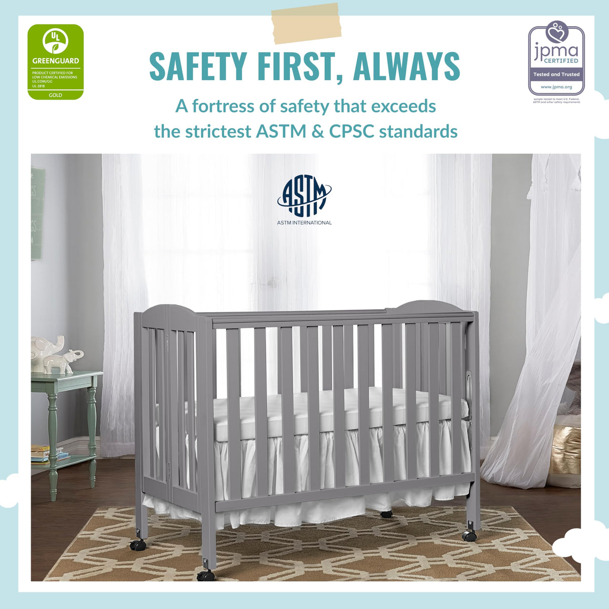 3 in 1 Portable Folding Stationary Side Crib in Steel Grey, Greenguard Gold Certified,