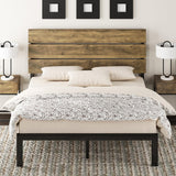 Queen Size Platform Bed Frame with Wooden Headboard and Metal Slats/Rustic Country