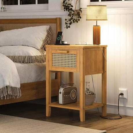 iChuvo Nightstands Set of 2 with Charging Staion, Rattan Decor Drawer Night Stand Wood Bedside Table Boho End Tables Side Tables with Storage Shelf