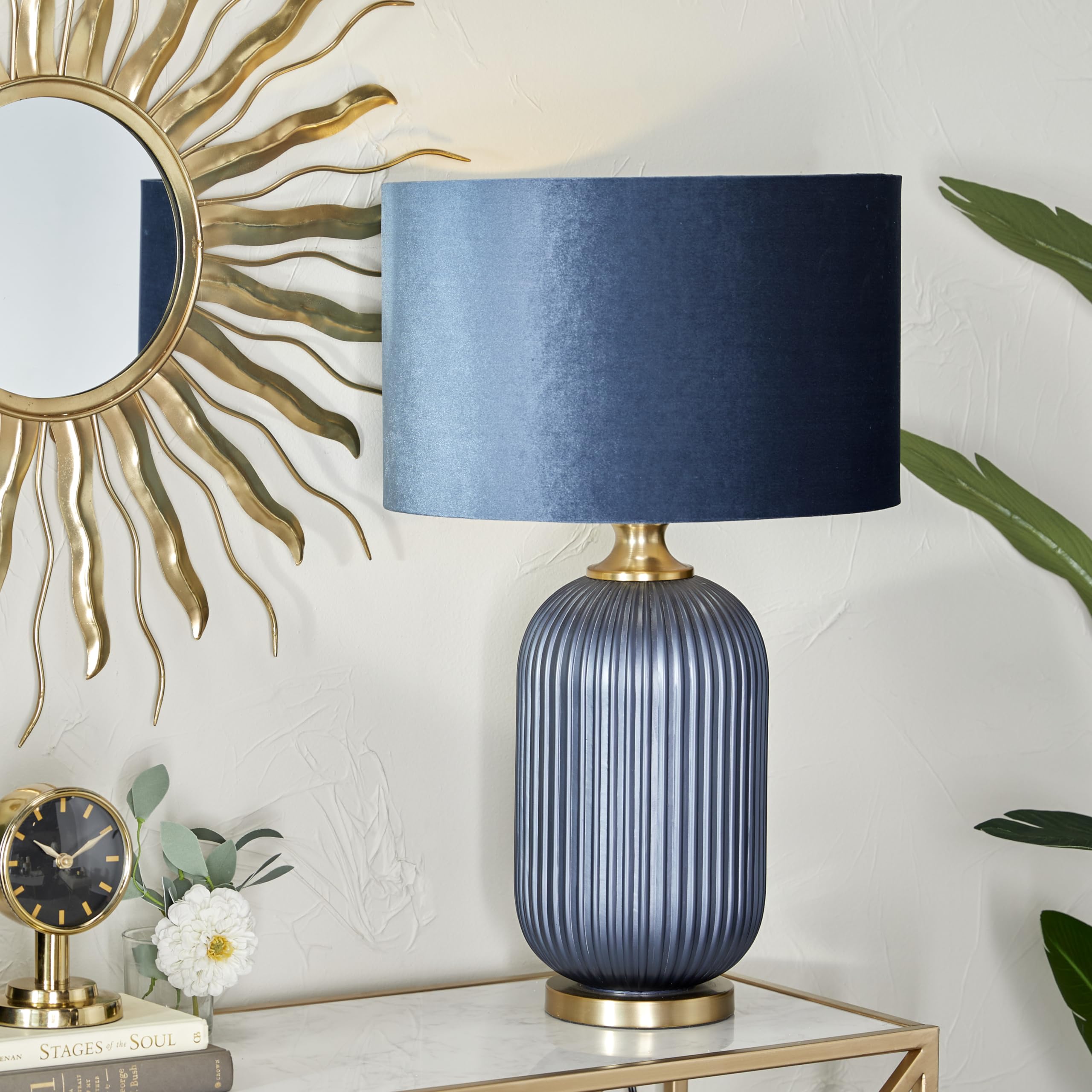 Glass Room Table Lamp Ribbed Accent Lamp with Velvet Shade