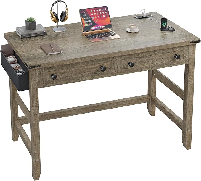 Small Computer Desk with 2 Wood Drawers & a Side Pocket, Small Desk for Bedroom with Power Outlets, Farmhouse Home Office Desks, 31.5" Writing Desk, Study Desk, Brown+White