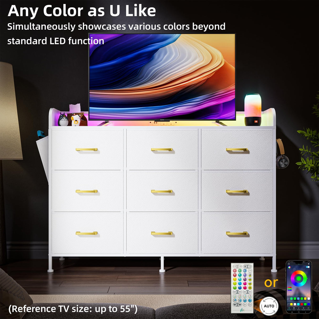 White Dresser for Bedroom, Bedroom Dresser with LED Lights and Charging Station, 9