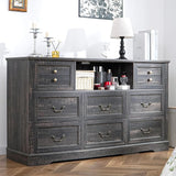 8 Drawers Dresser with Power Outlets and LED Lights, 55 Inch Wide Rustic Wood Dressers & Chest of