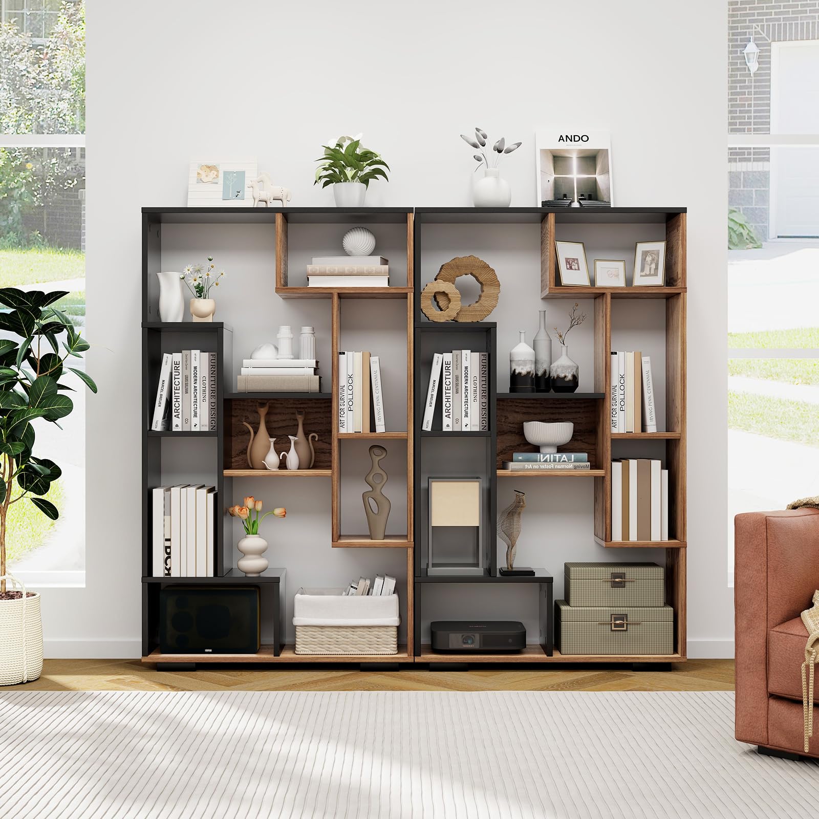 Tangkula Geometric Bookshelf, 47 Inch Tall Bookcase with Multiple Open Shelves, Anti-Tipping Devices, Freestanding 9 Cubes Bookshelf Storage Display for Living Room Study Office (Black, 47")