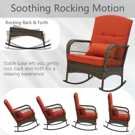 Outdoor Wicker Rocking Chairs, 3 Pieces Patio Furniture Rattan Rocker Chairs Wicker Rocking Bistro Set with Cushions and Side Table for Garden Patio Yard Porch Lawn Balcony, Red