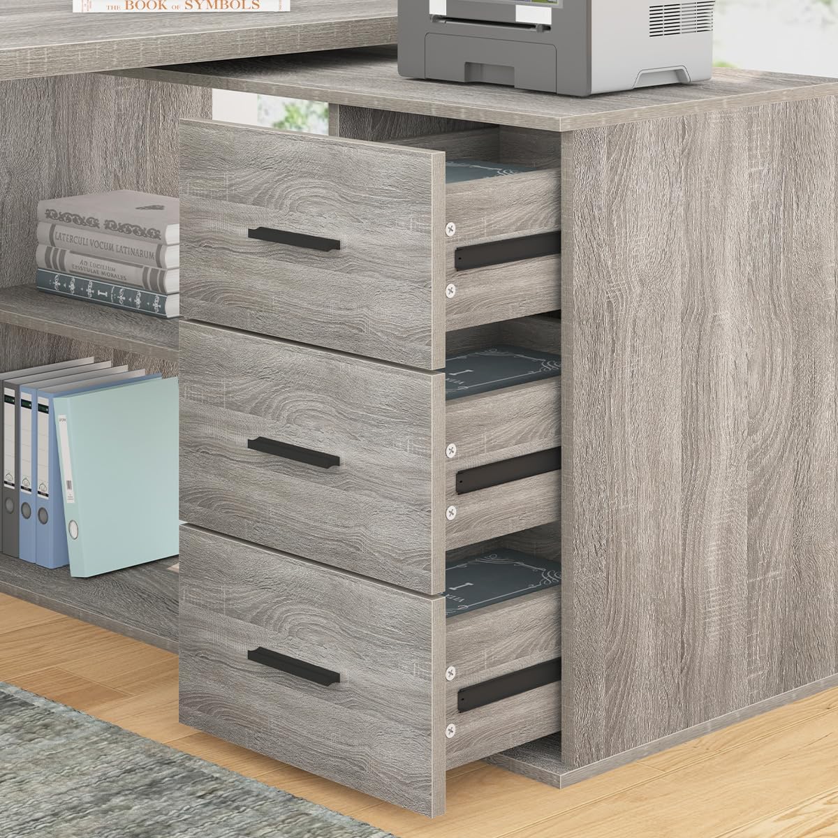 360° Rotating L-Shaped Desk with 3 Drawers and 2 Shelves